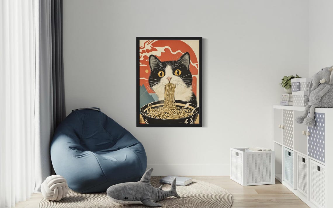 Tuxedo Cat Slurping Ramen Bowl Japanese Ukiyo-e Style Poster - Image 3