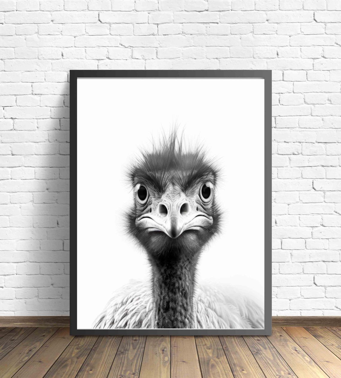 Goofy Wide-Eyed Flightless Bird Face Close Up Black and White Poster - Image 2