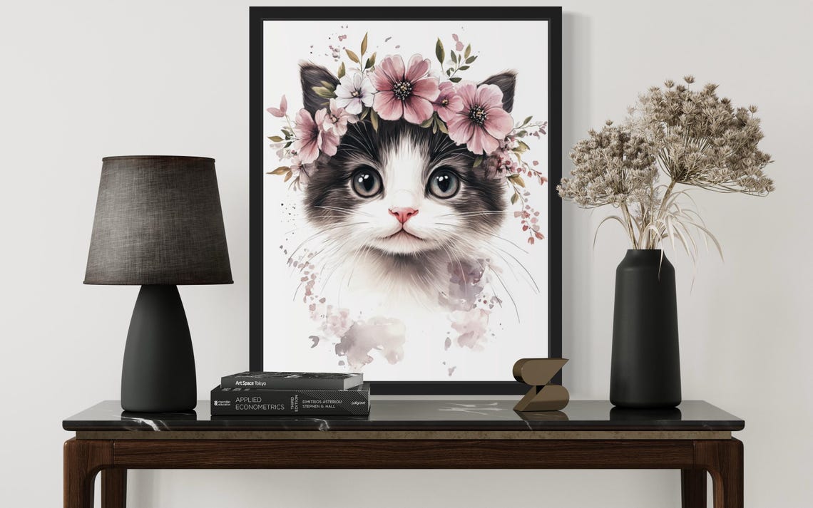 Kitten with Pink Flower Crown Watercolor Cute Cat Portrait Poster - Image 4