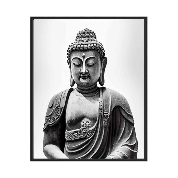 Serene Buddha Statue Close Up Portrait in Black and White Art Poster