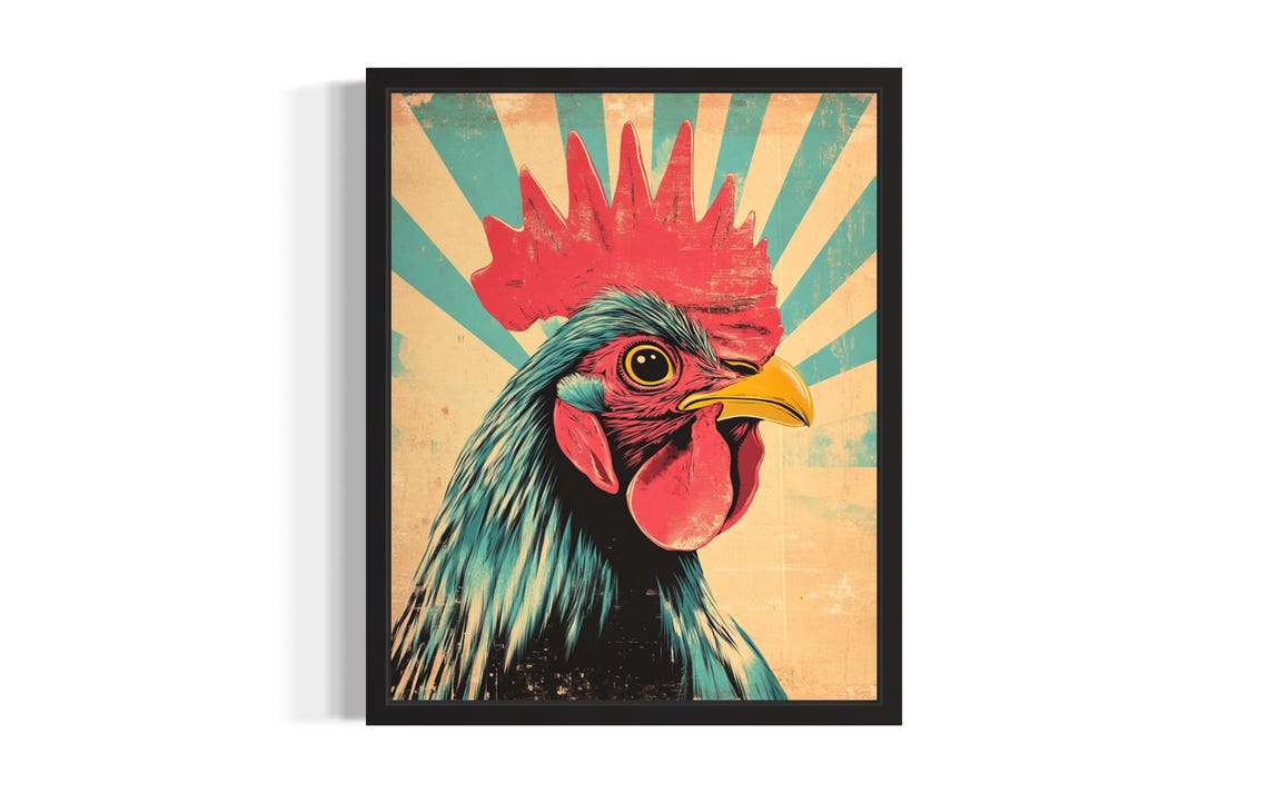 Retro Rooster Head Pop Art Sunburst Teal Red Distressed Poster