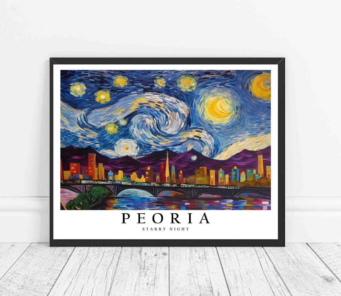 Peoria Starry Night River Bridge Skyline Purple Hills Poster
