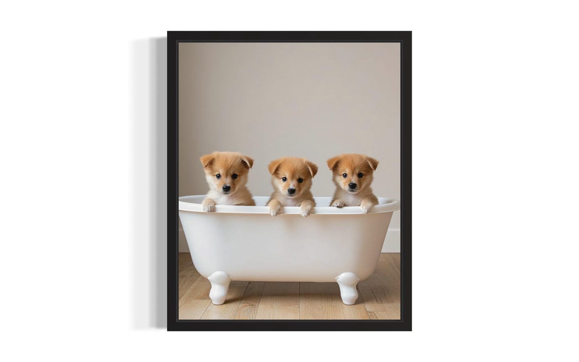 Three Fluffy Golden Puppies in a White Clawfoot Bathtub Poster