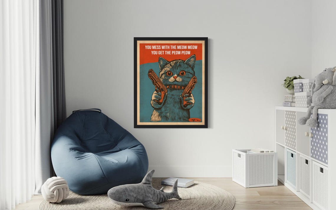 Peow Peow Kitten with Dual Pistols Vintage Funny Quote Poster - Image 3