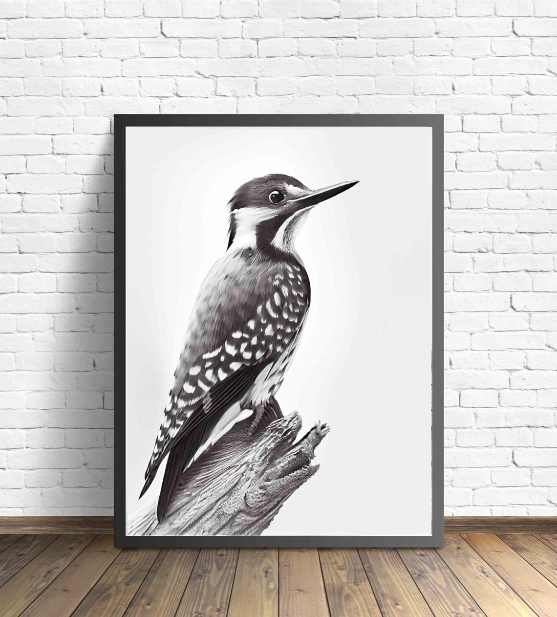 Woodpecker Black and White Spotted Bird on Tree Stump Poster - Image 2