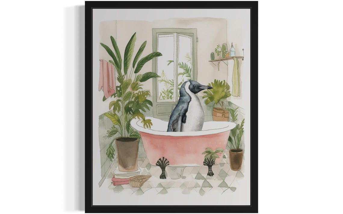 Penguin Standing in a Pink Bathtub Watercolor Bathroom Poster Art