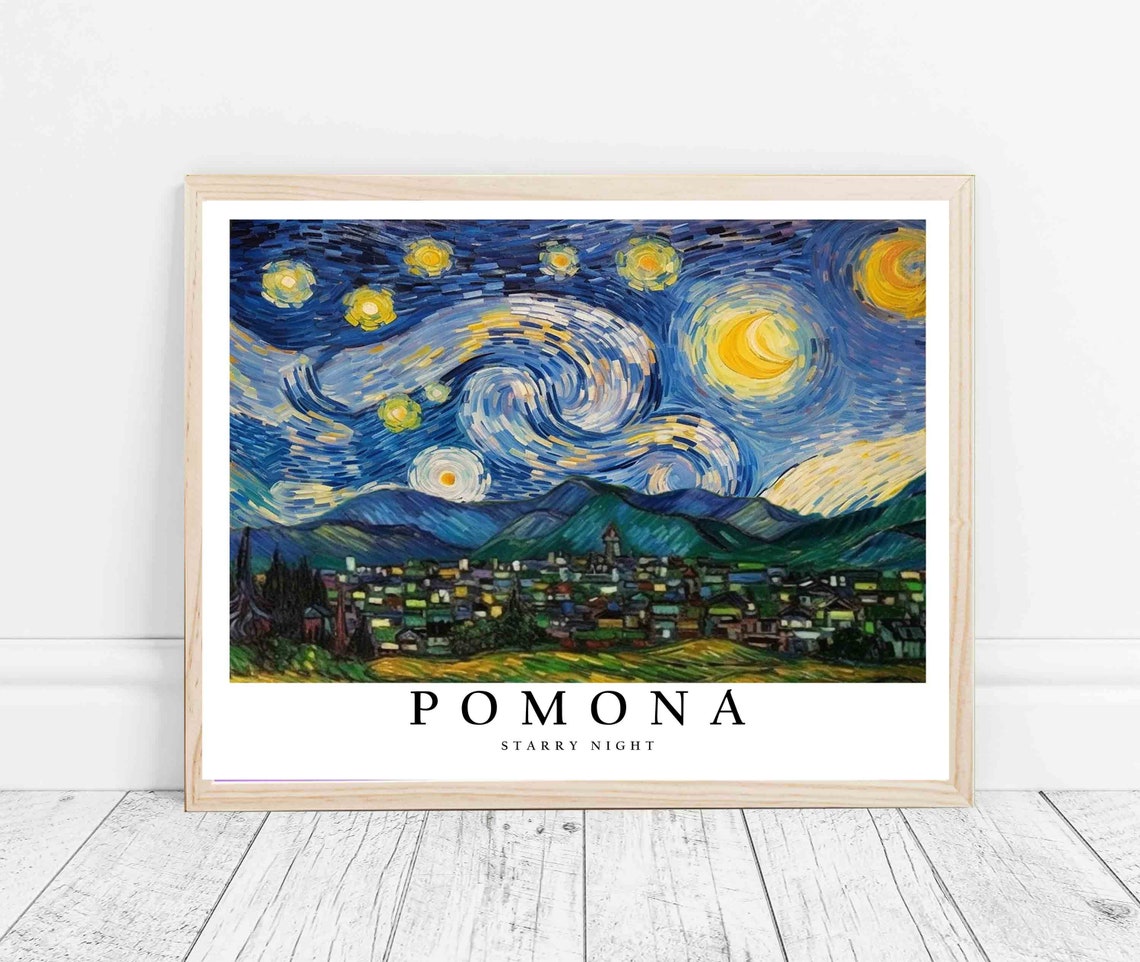 Pomona California Starry Night Mountain Town Skyline Art Poster - Image 3
