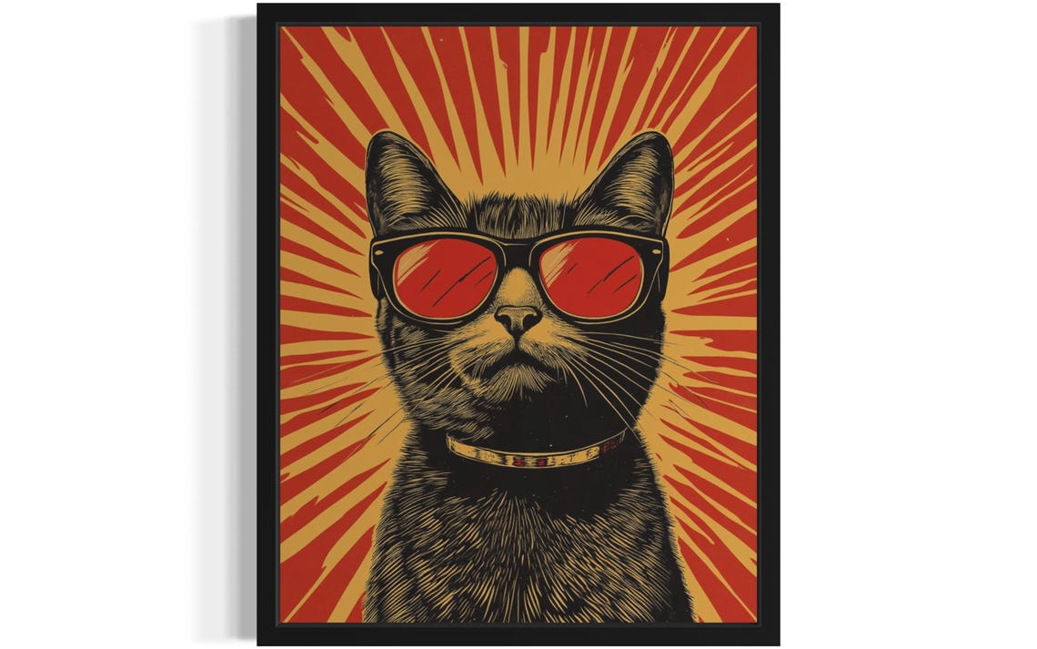 Cool Black Cat with Red Sunglasses Vintage Pop Art Sunburst Poster