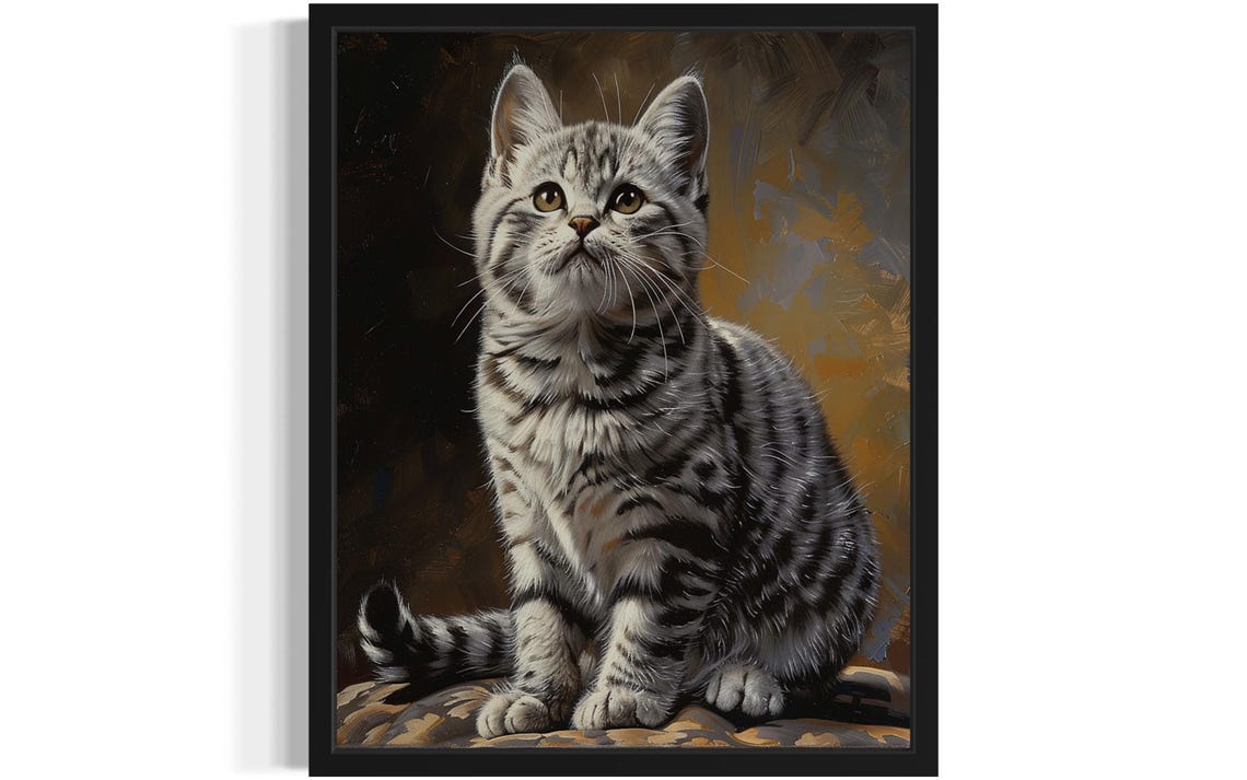 Sweet Sitting Silver Tabby Kitten Oil Painting Portrait Poster