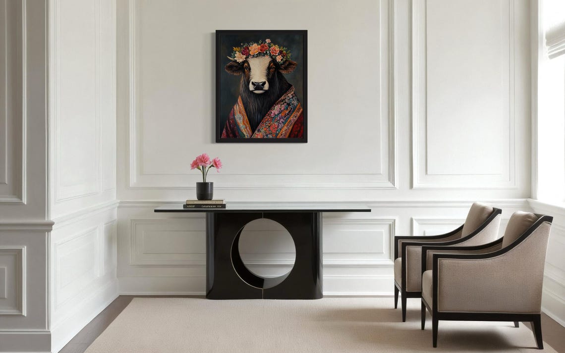 Musk Ox Wearing Flower Crown and Floral Robe Fine Art Decor Poster - Image 4