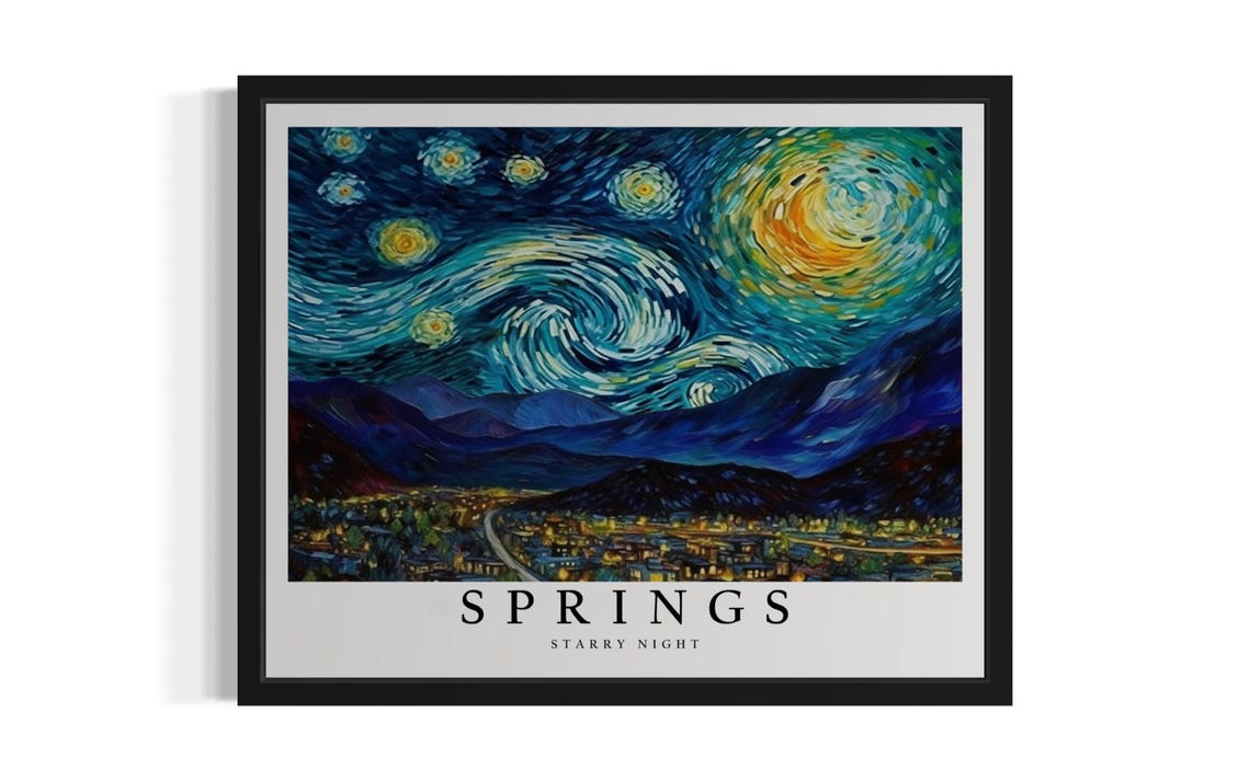 Springs Starry Night Town Valley Road Lights Painting Poster