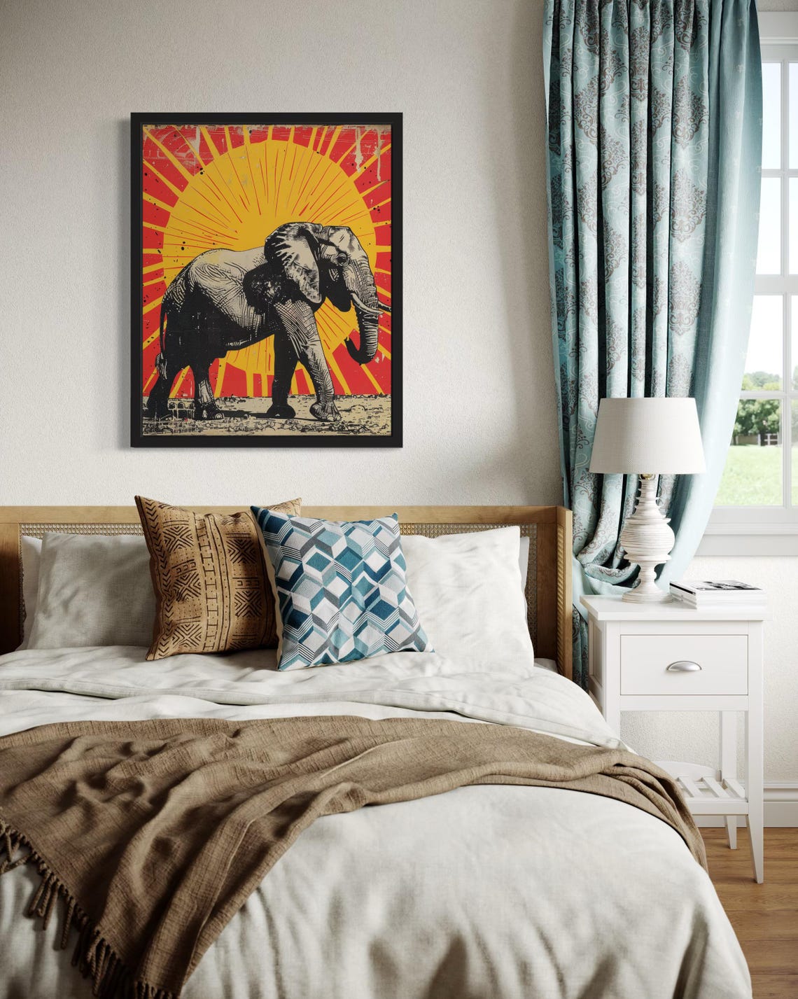 African Elephant Walking Against a Red Sunburst Pop Art Poster - Image 4