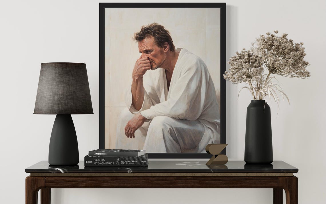 Man in White Robe Holding Nose in Classical Oil Painting Poster - Image 3