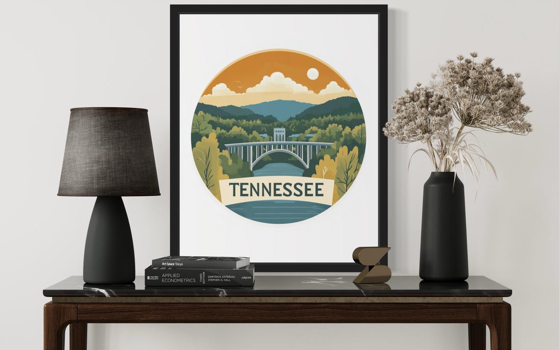 Tennessee Arch Bridge River Sunset Circle Illustration Poster - Image 3
