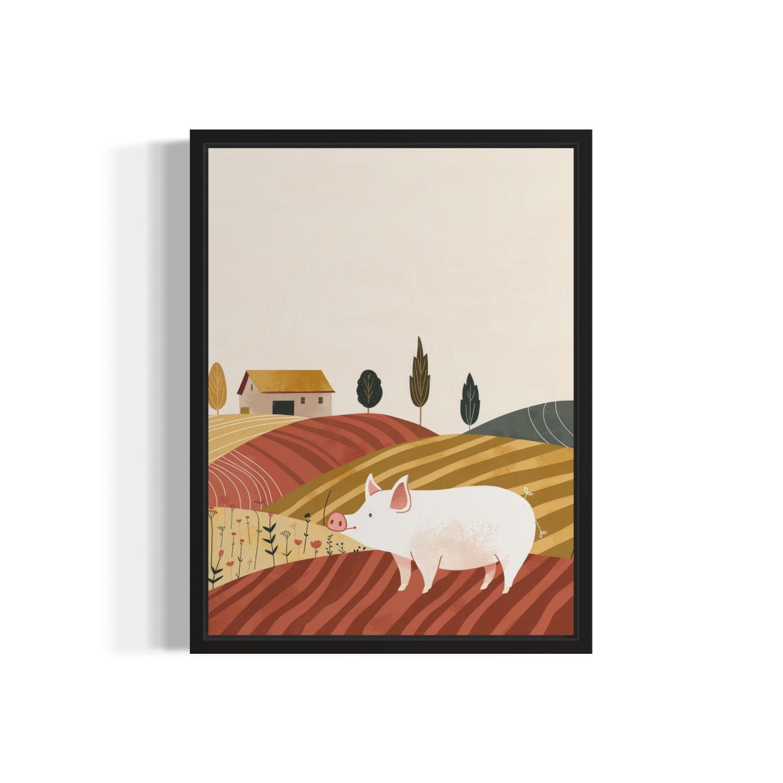 White Pig Rolling Hills Farmhouse Boho Landscape Art Decor Poster