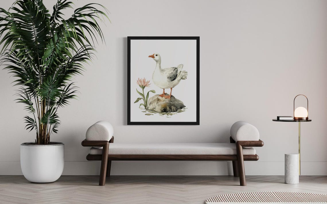 White Goose Standing on Stone with Pink Flower Watercolor Poster - Image 3