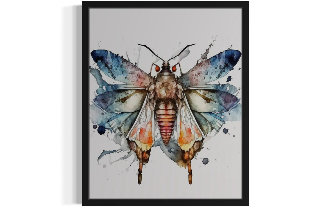 Colorful Watercolor Moth With Blue And Pink Wings Insect Art Poster
