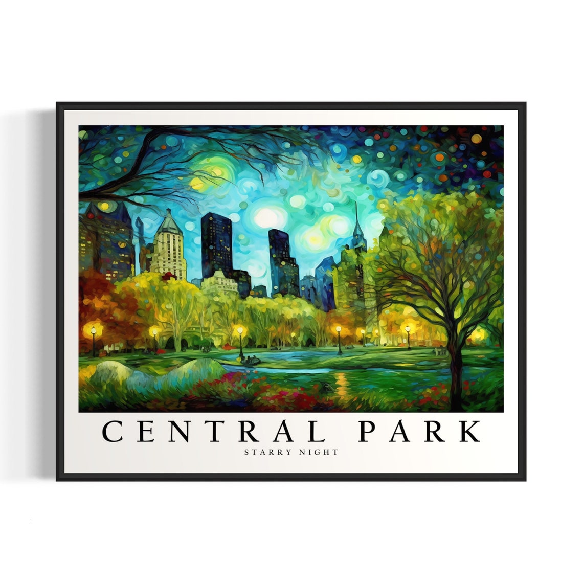 Central Park New York City Starry Night Skyline Pond Art Poster