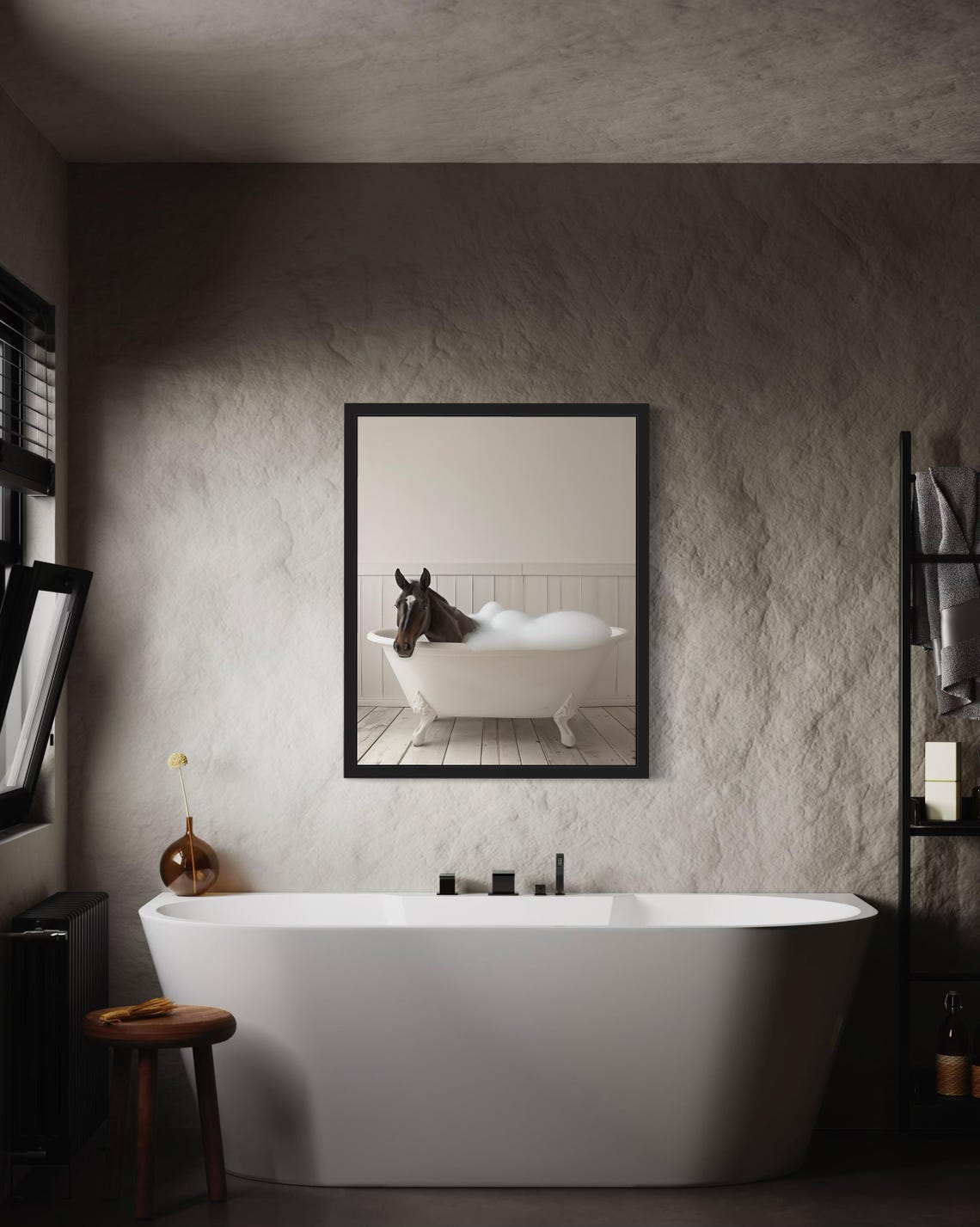 Brown Horse Soaking in a White Clawfoot Bubble Bath Tub Photo Poster - Image 3