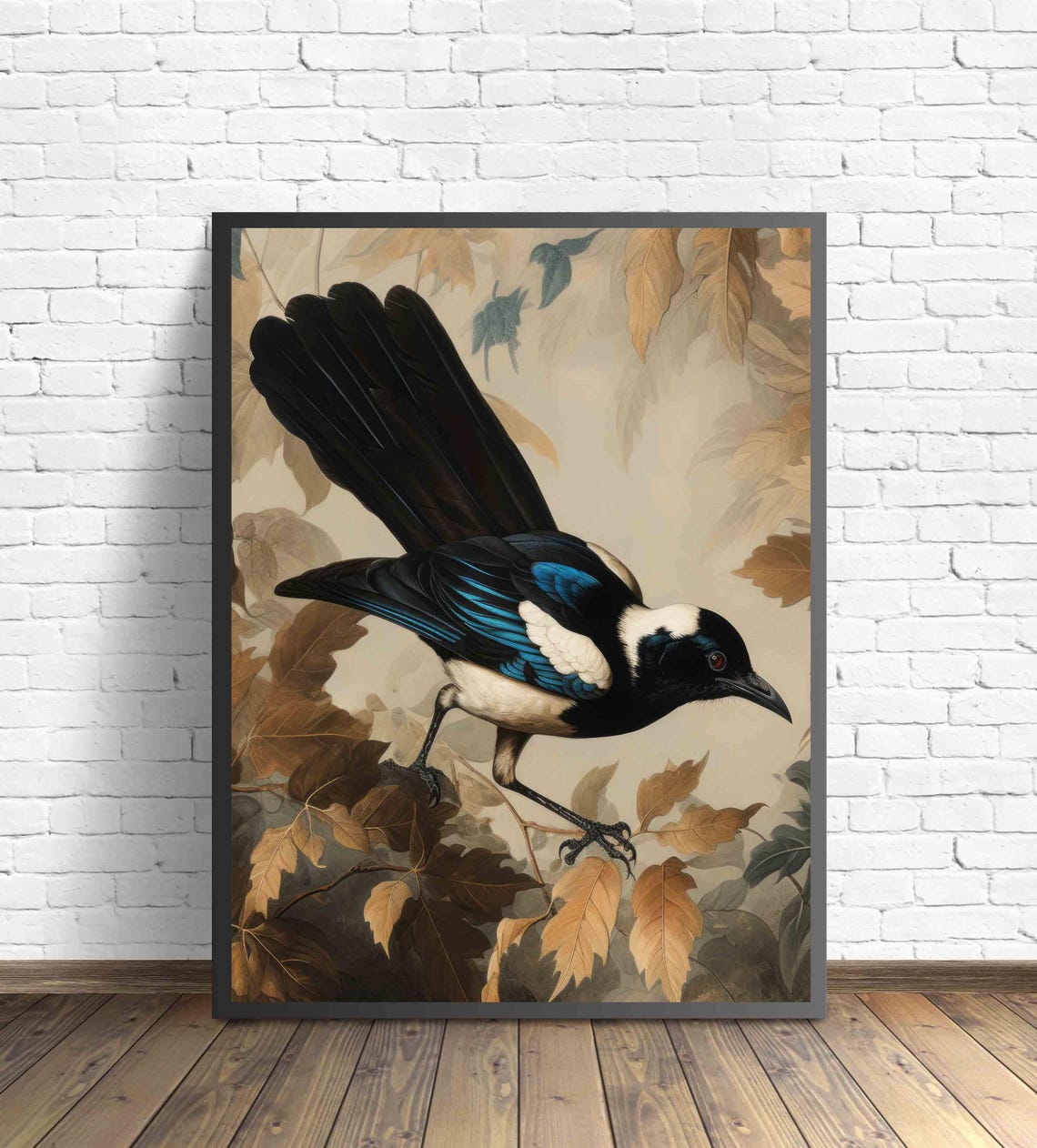 Black Billed Magpie Among Autumn Leaves Vintage Bird Art Poster - Image 2