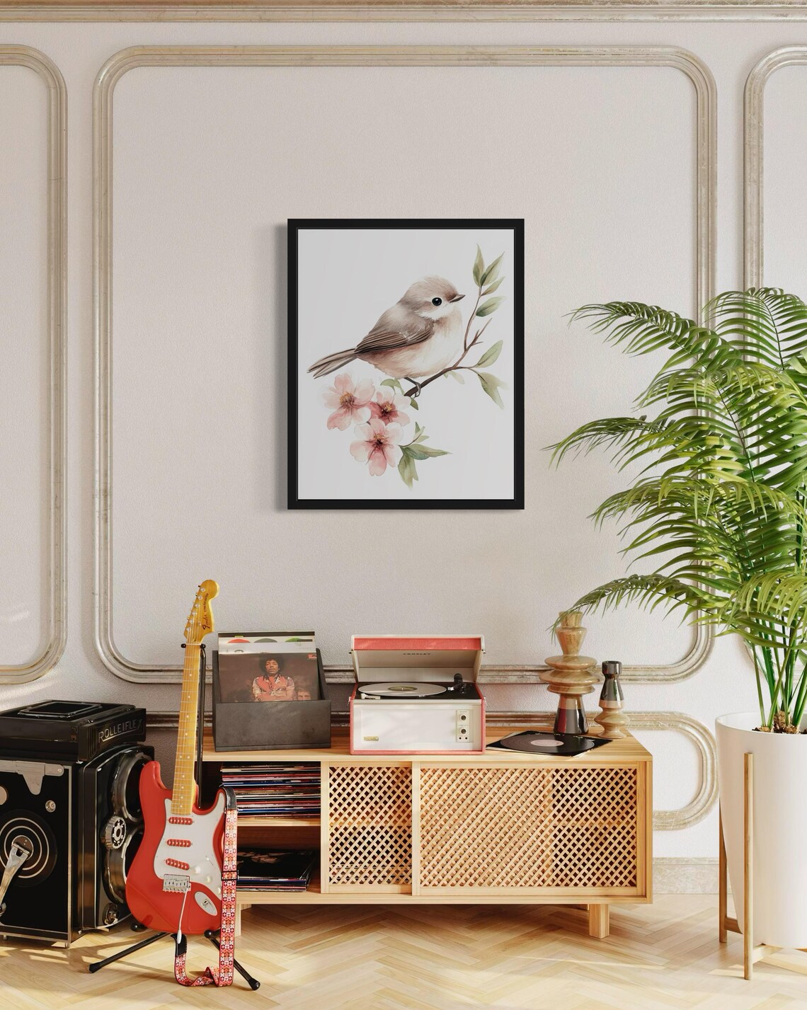 Bushtit Songbird on Blossom Branch Botanical Watercolor Poster - Image 4