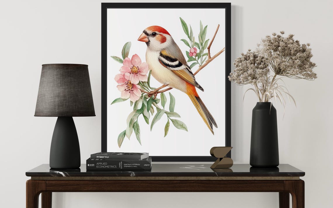 Zebra Finch Watercolor Bird on a Blossom Branch Decorative Art Print - Image 2