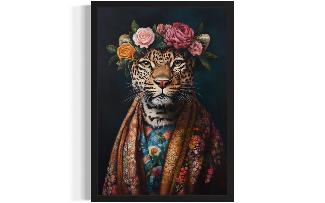 Leopard Wearing Rose Flower Crown and Shawl Fine Art Decor Poster