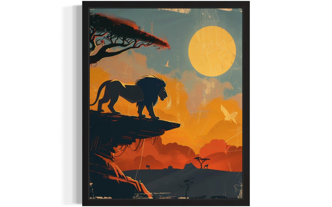 Lion Silhouette Standing on a Rocky Ledge African Sunset Art Poster
