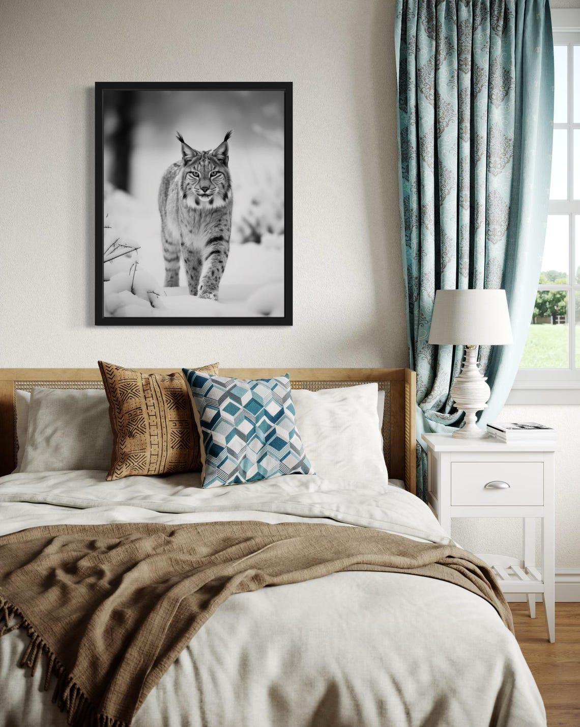 Lynx Walking Through Snowy Forest Black and White Photo Poster - Image 4