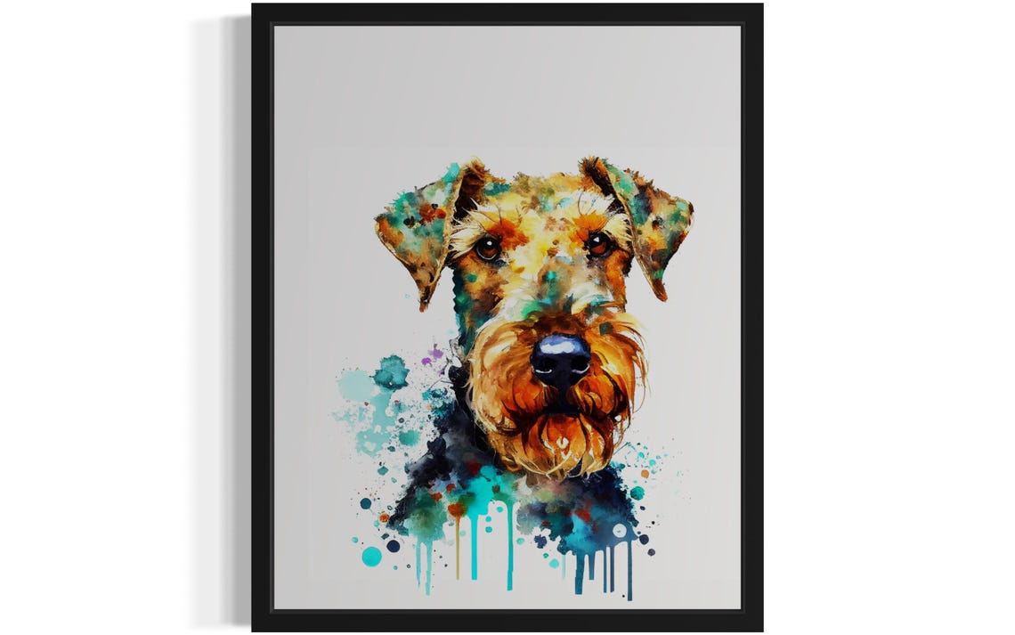 Airedale Terrier Watercolor Portrait Teal Splash Ink Art Poster
