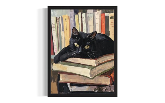 Black Cat Lying On Stack Of Books Painterly Reading Nook Poster