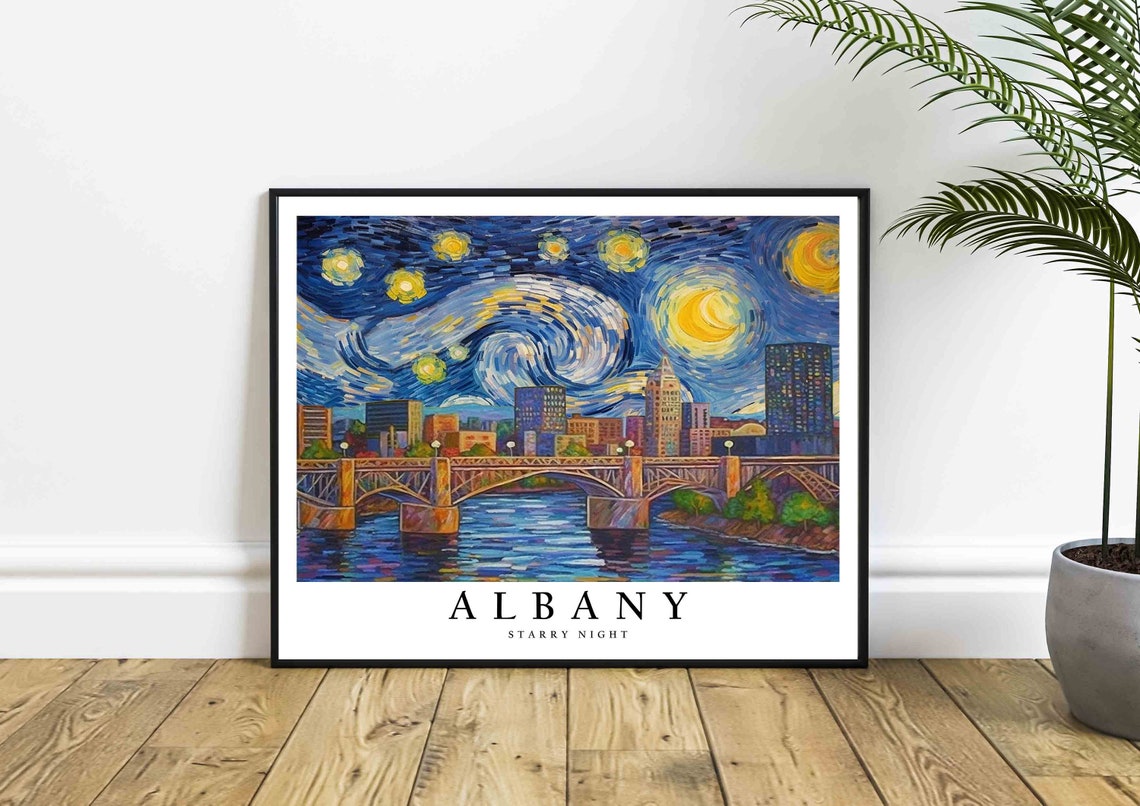 Albany Starry Night River Bridge Downtown Skyline Glow Poster - Image 4