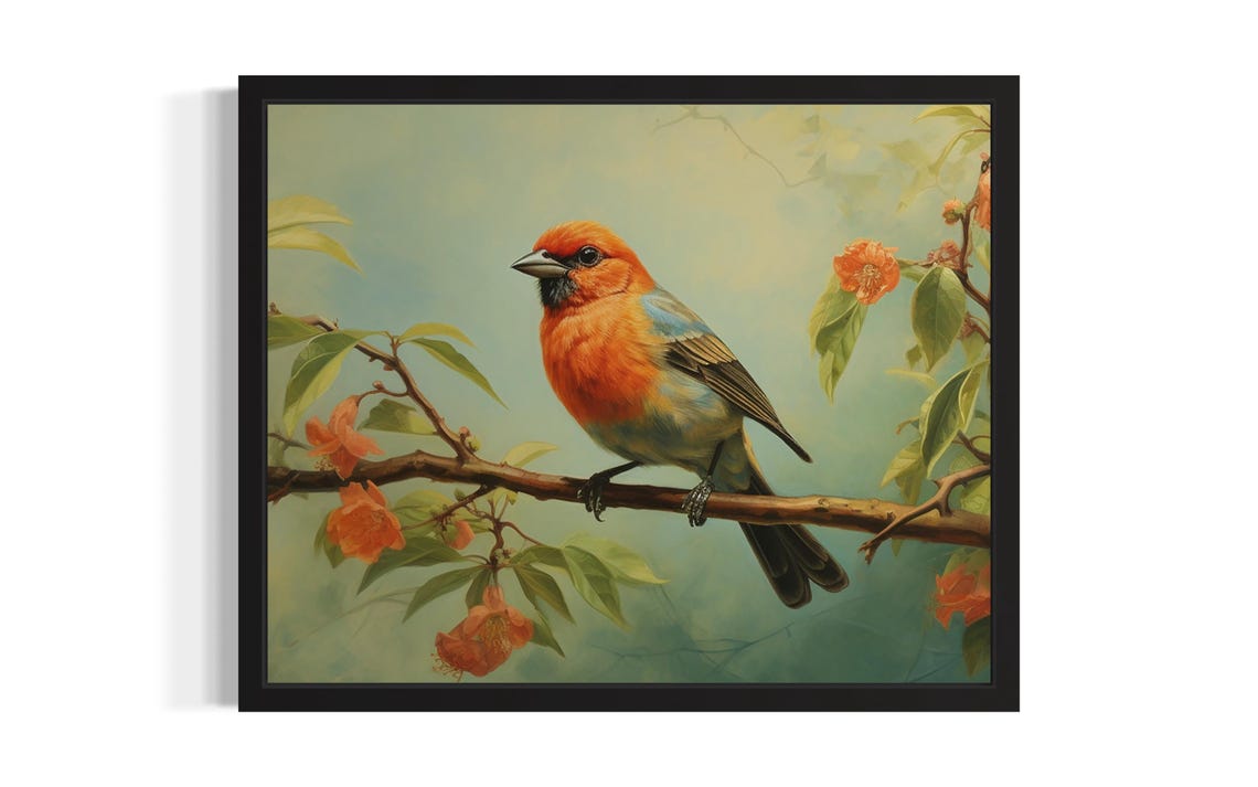 Orange Finch Perched on Flowering Branch Original Painting Poster