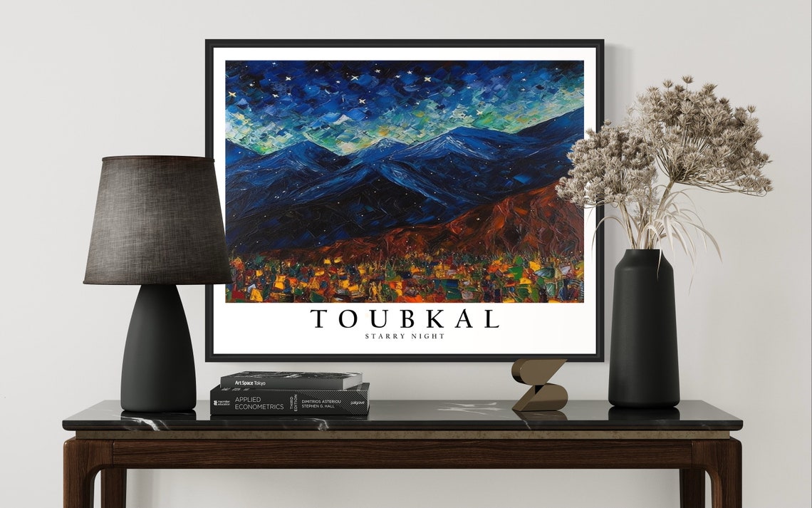 Toubkal Morocco Starry Night Atlas Mountain Village Art Poster - Image 3
