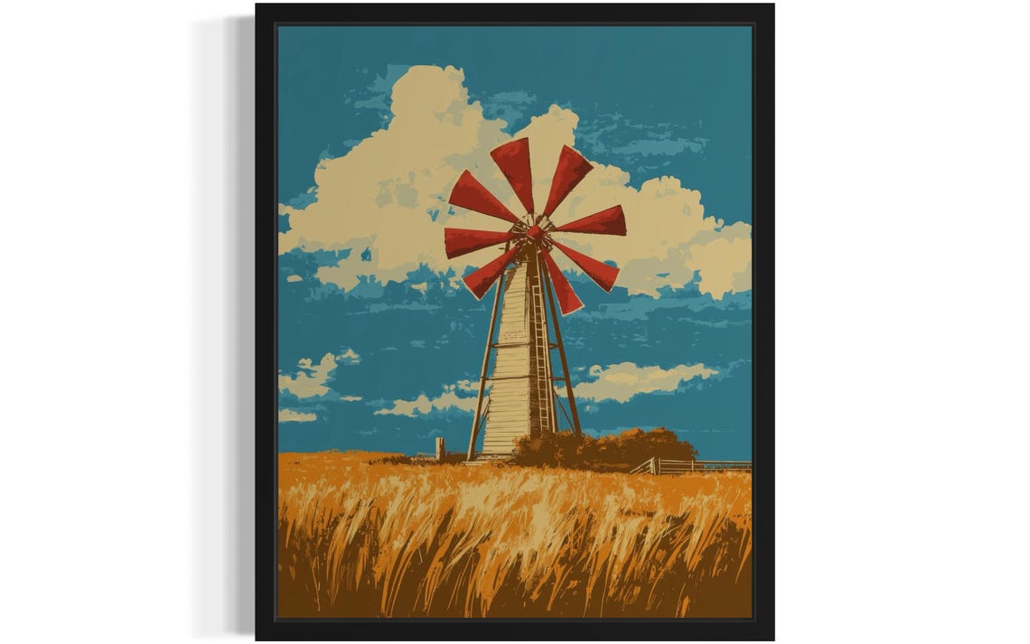 Red Windmill Golden Wheat Field Retro Pop Art Landscape Poster