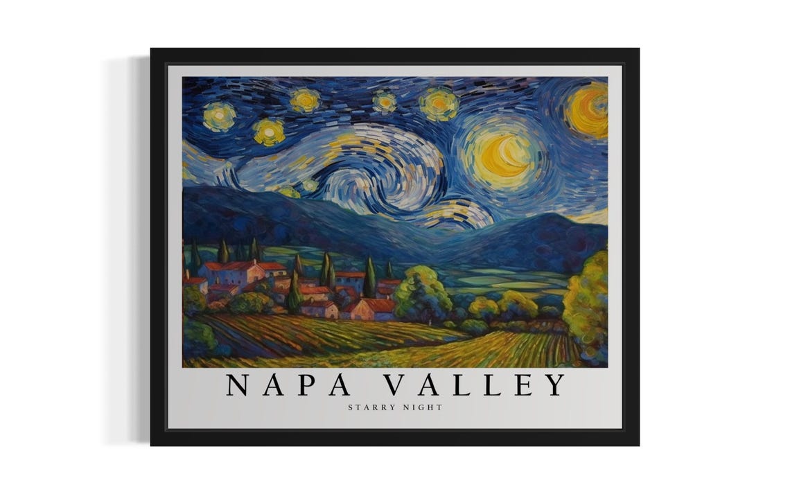 Napa Valley California Starry Night Vineyard Hills Art Poster