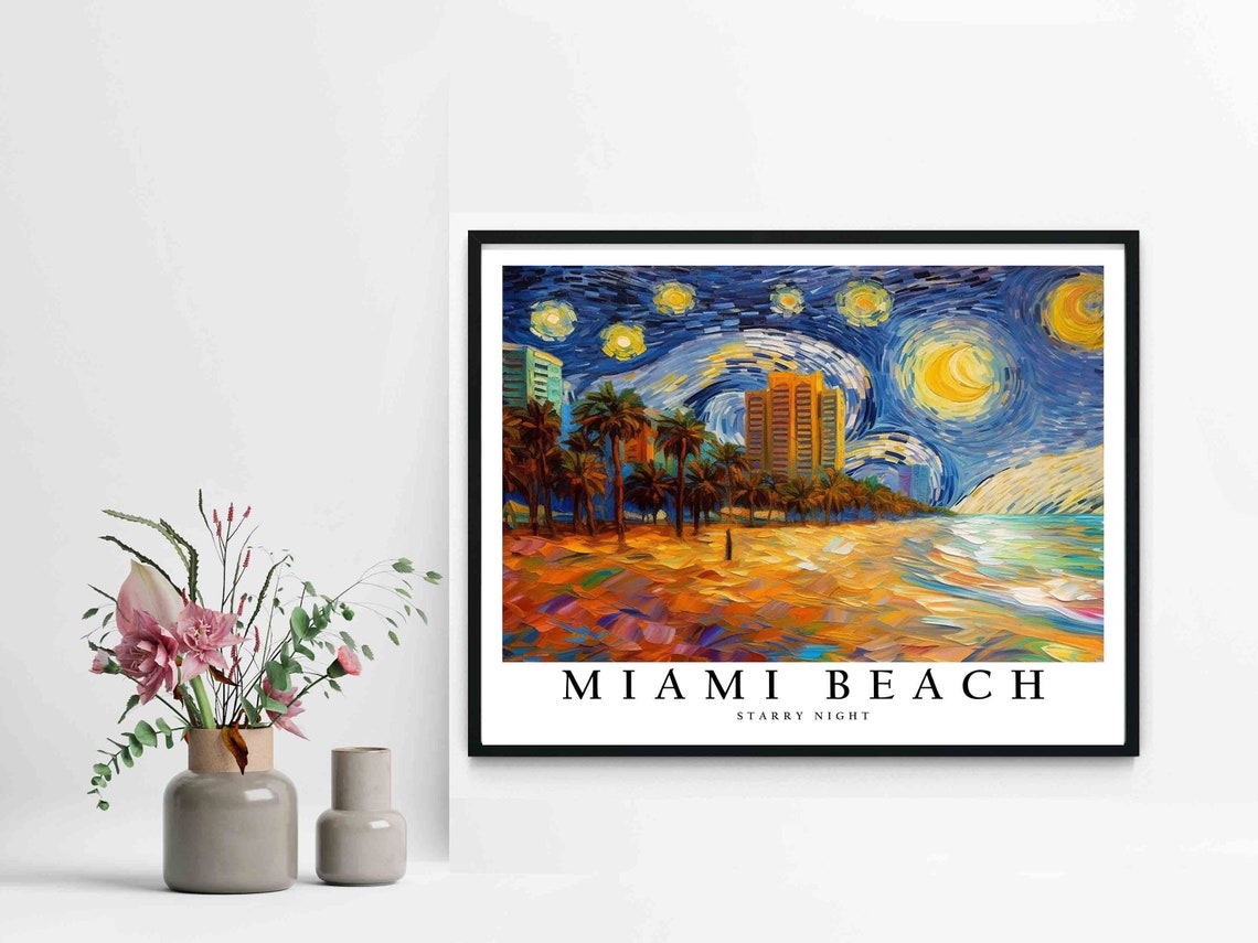 Miami Beach Starry Night Palm Trees Oceanfront Night Glow Poster - Image 2