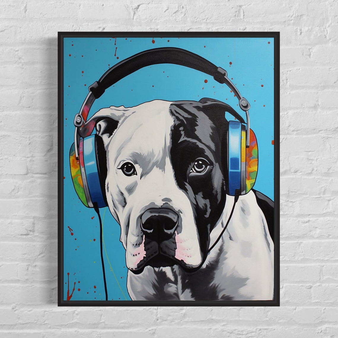 Staffordshire Dog Wearing Headphones Paint Splatter Music Poster