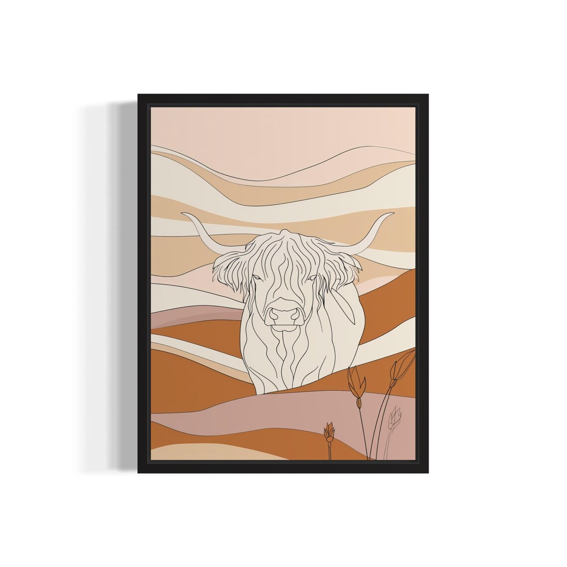 Highland Cow Shaggy Line Art Wavy Terracotta Landscape Art Poster