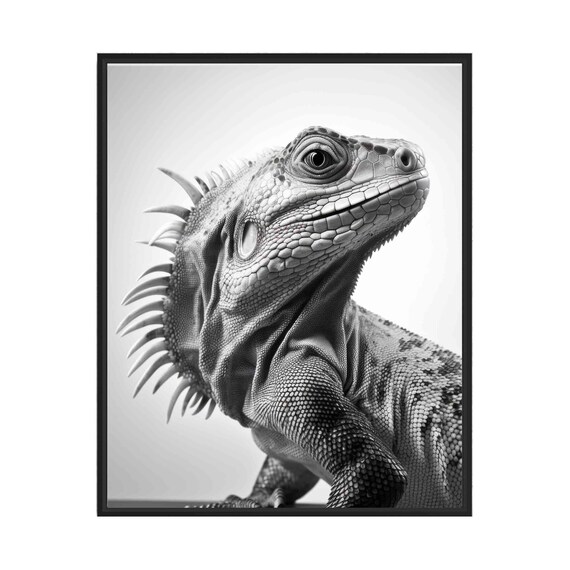 Striking Iguana Close Up Portrait in Black and White Art Poster