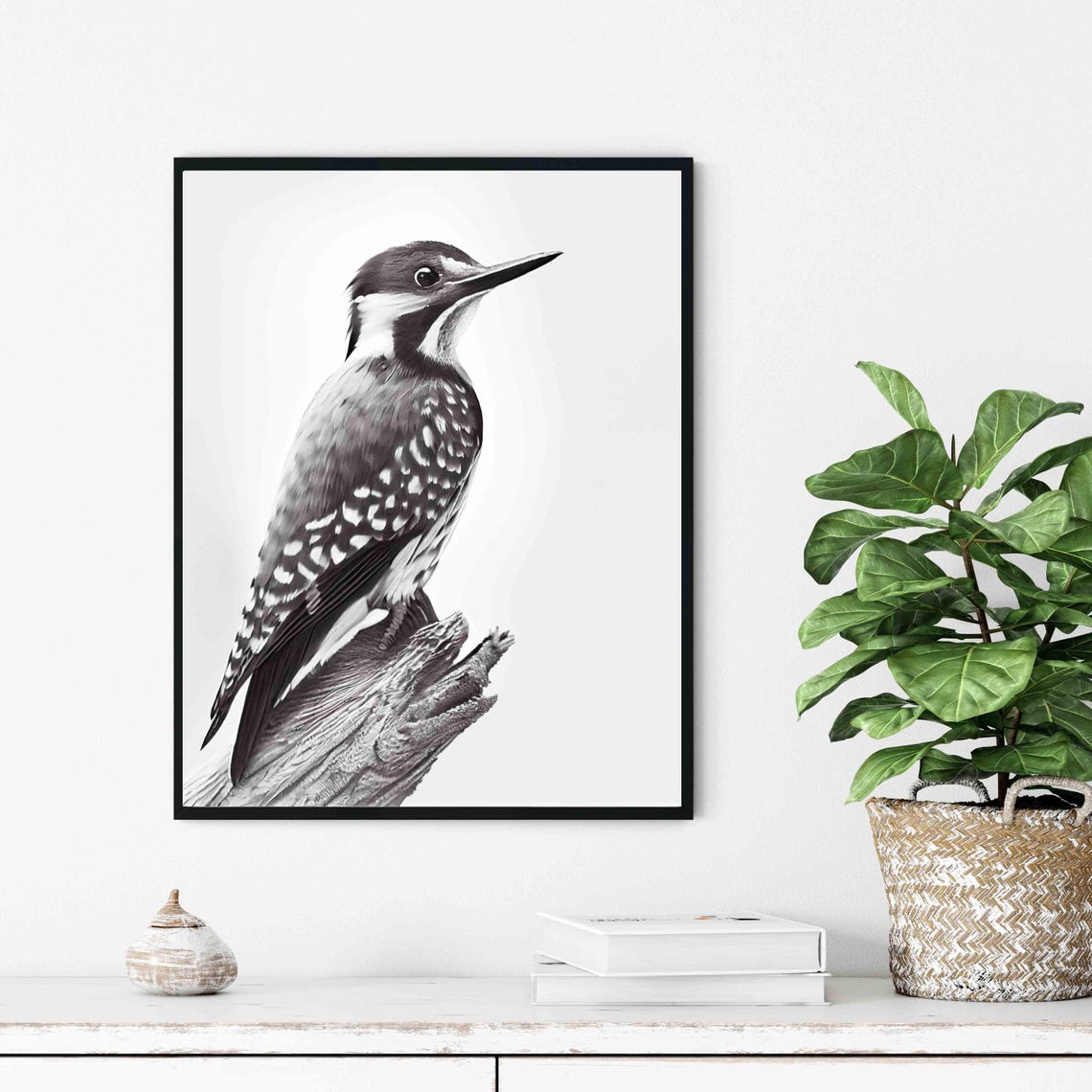 Woodpecker Black and White Spotted Bird on Tree Stump Poster - Image 4