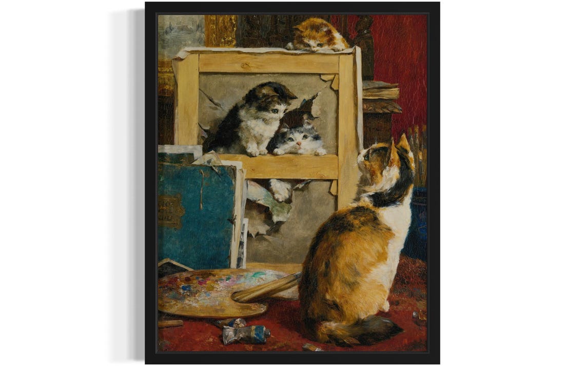 Curious Kittens Peeking Through Torn Canvas In Artists Studio Poster