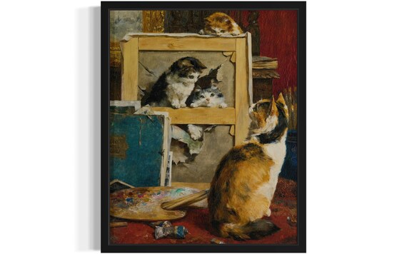 Curious Kittens Peeking Through Torn Canvas In Artists Studio Poster
