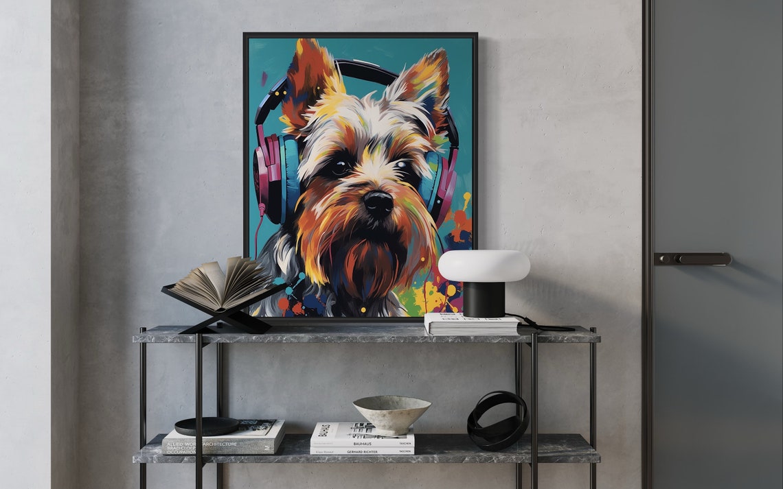 Yorkshire Terrier Wearing Colorful Headphones Pop Art Music Poster - Image 2