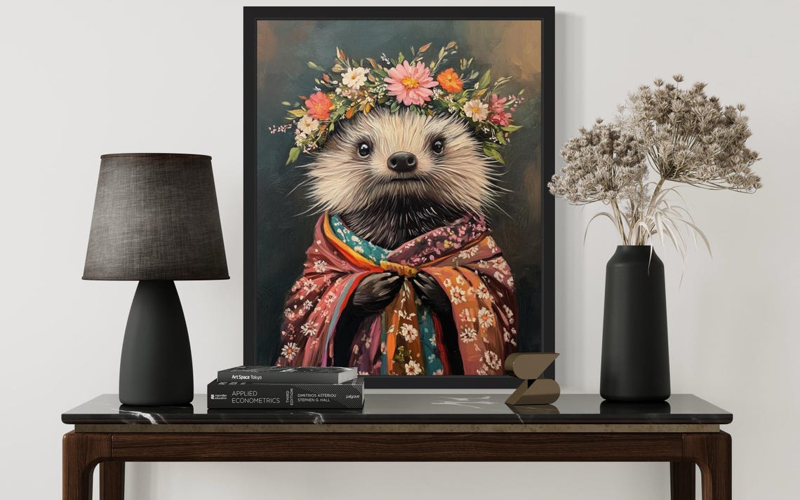 Porcupine Wearing Flower Crown and Floral Shawl Fine Art Decor Poster - Image 2