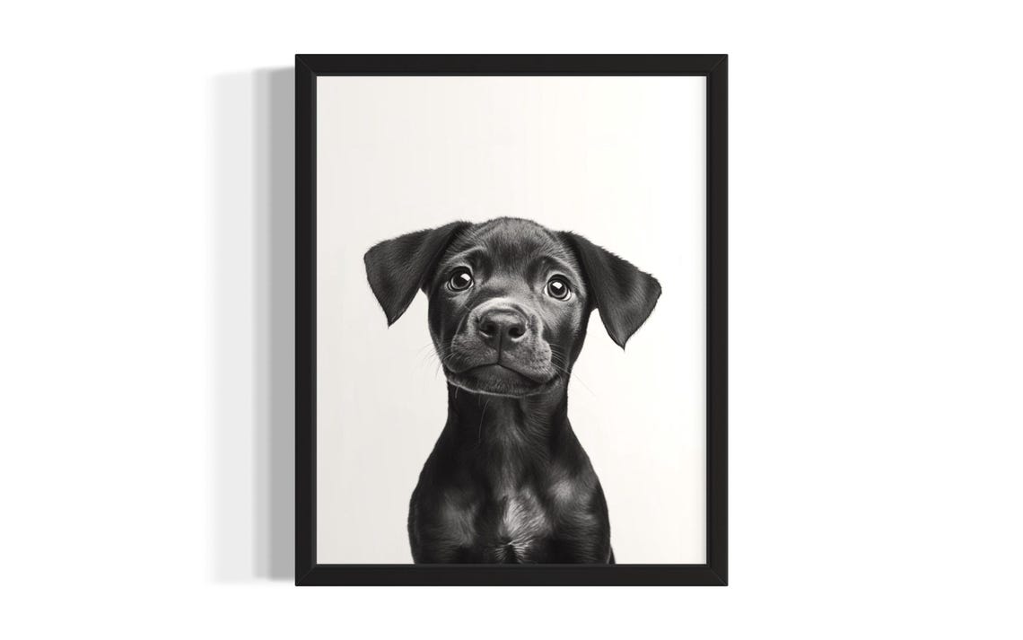 Black Labrador Puppy Portrait Minimalist Black and White Wall Poster