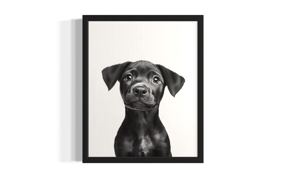 Black Labrador Puppy Portrait Minimalist Black and White Wall Poster