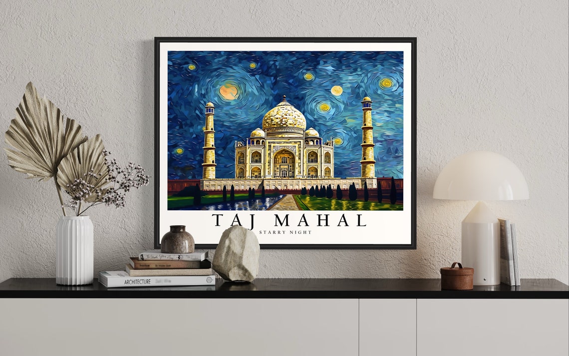 Taj Mahal India Starry Night Marble Palace Reflection Art Poster - Image 2