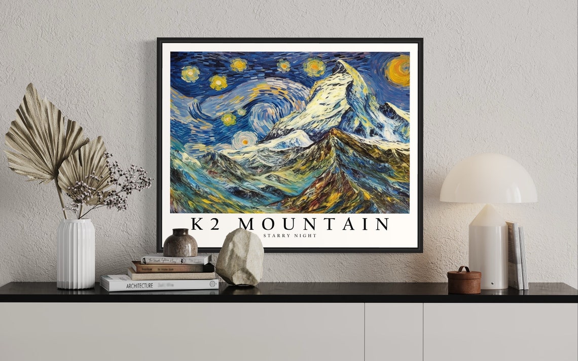 K2 Mountain Starry Night Van Gogh Style Snowy Peak Art Poster - Image 2