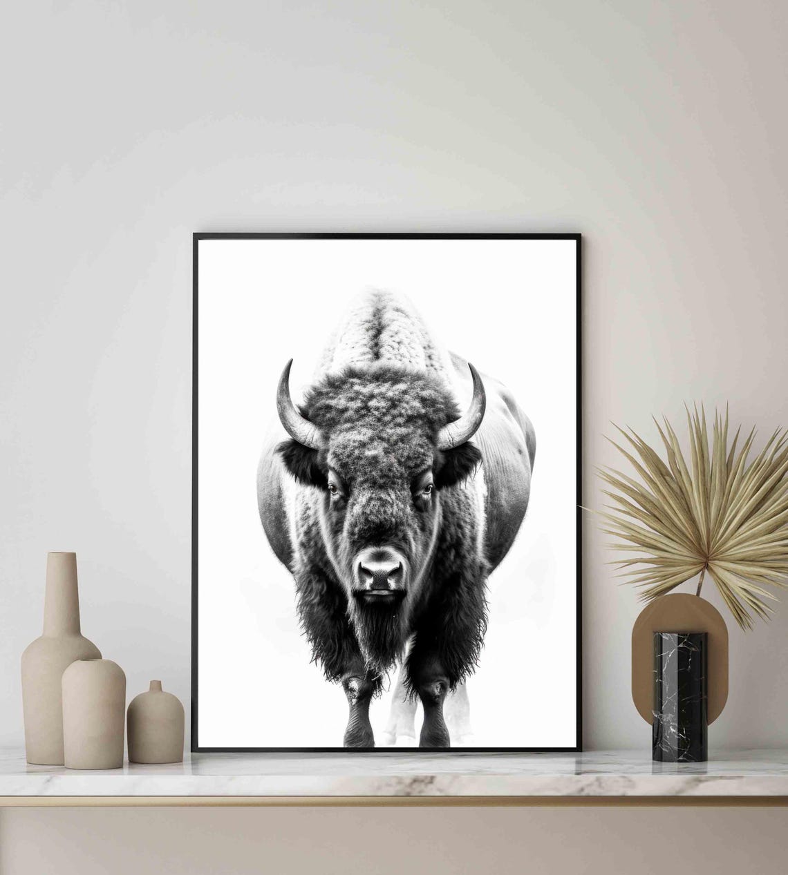 Mighty Bison Front View Portrait in Black and White Art Poster - Image 4